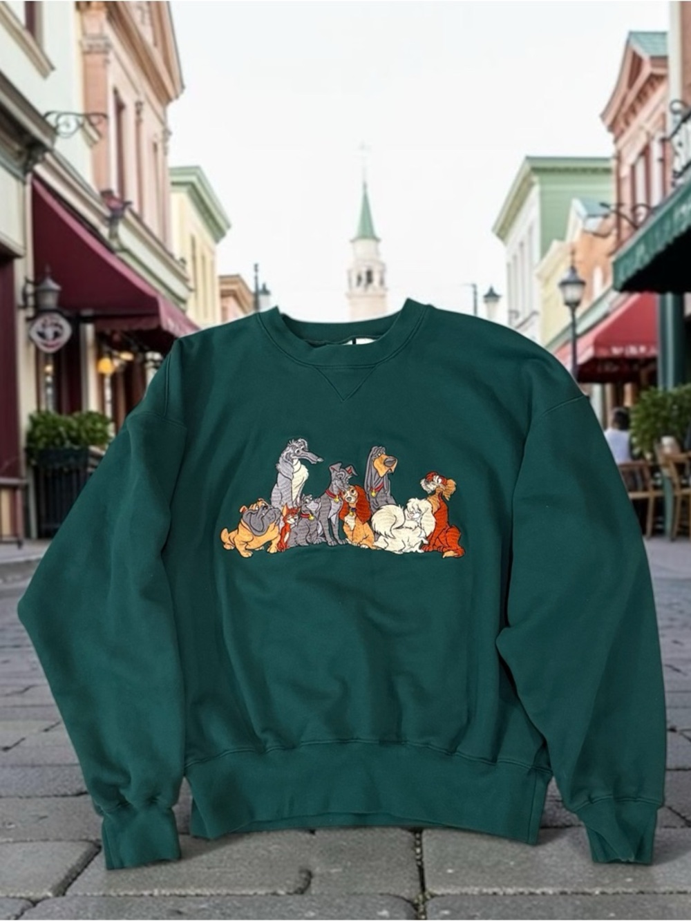 Vintage 90s Disney Lady And The Tramp Embroidered Green Crewneck Sweater Large